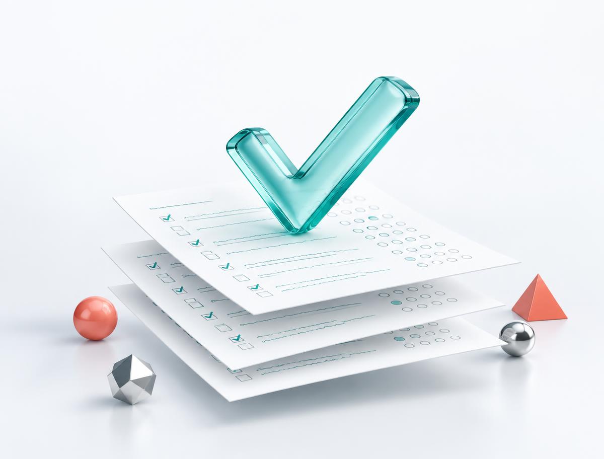 Glass turquoise checkmark above examination answer sheets